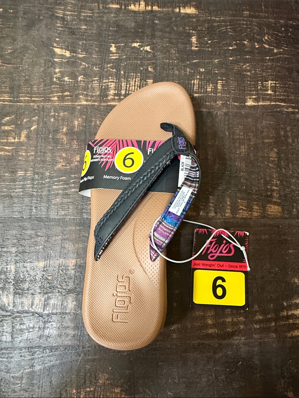 Flojos Tan Sandal with Black and Multi-Color Strap - Size 6
